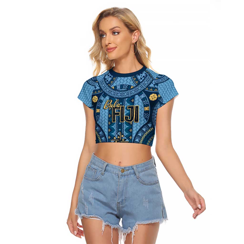 Bula Fiji Vintage Raglan Cropped T Shirt Prussian Blue Masi Motifs LT7 Female Prussian Blue - Polynesian Pride