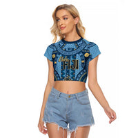 Bula Fiji Vintage Raglan Cropped T Shirt Prussian Blue Masi Motifs LT7 Female Prussian Blue - Polynesian Pride