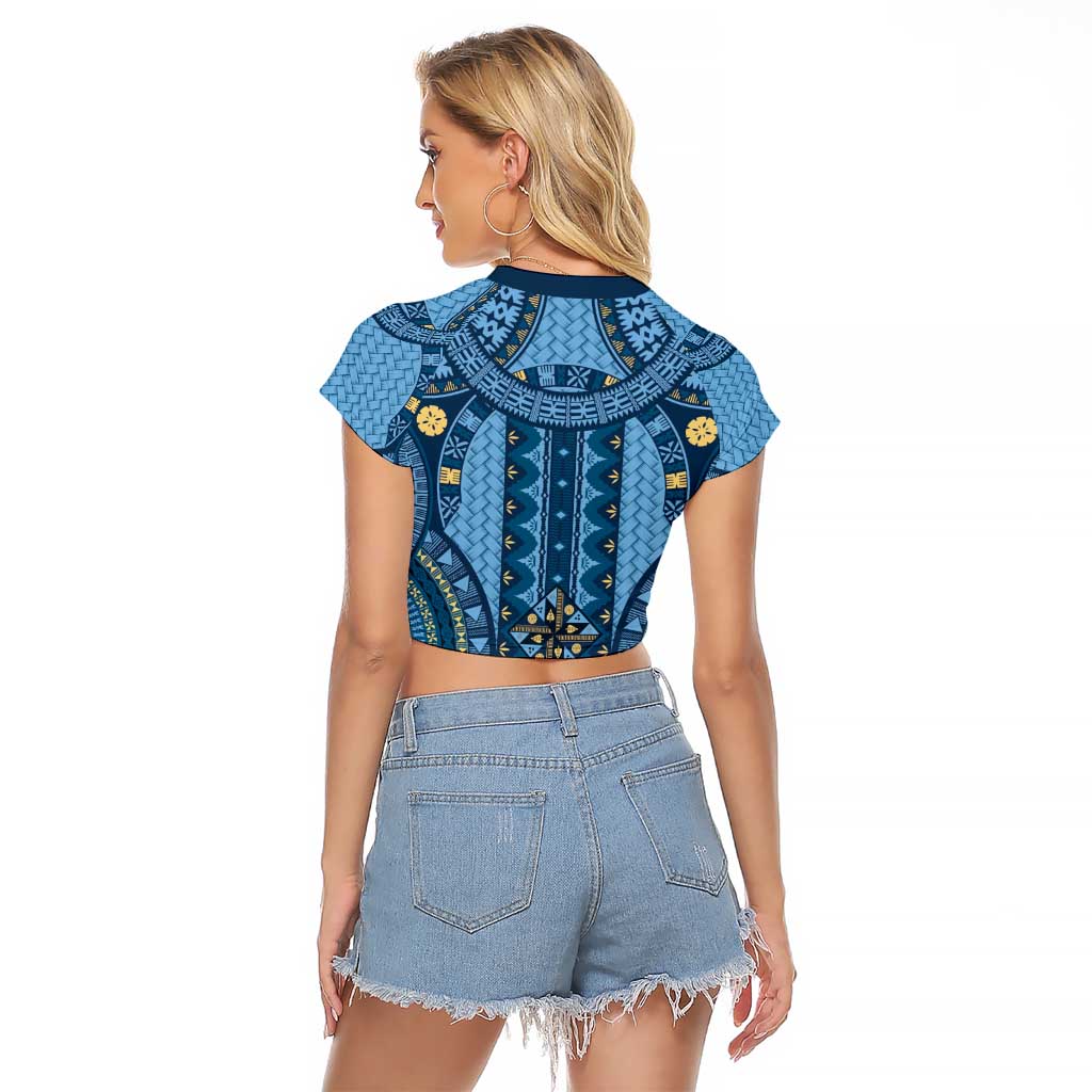 Bula Fiji Vintage Raglan Cropped T Shirt Prussian Blue Masi Motifs LT7 - Polynesian Pride