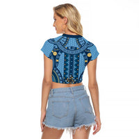 Bula Fiji Vintage Raglan Cropped T Shirt Prussian Blue Masi Motifs LT7 - Polynesian Pride
