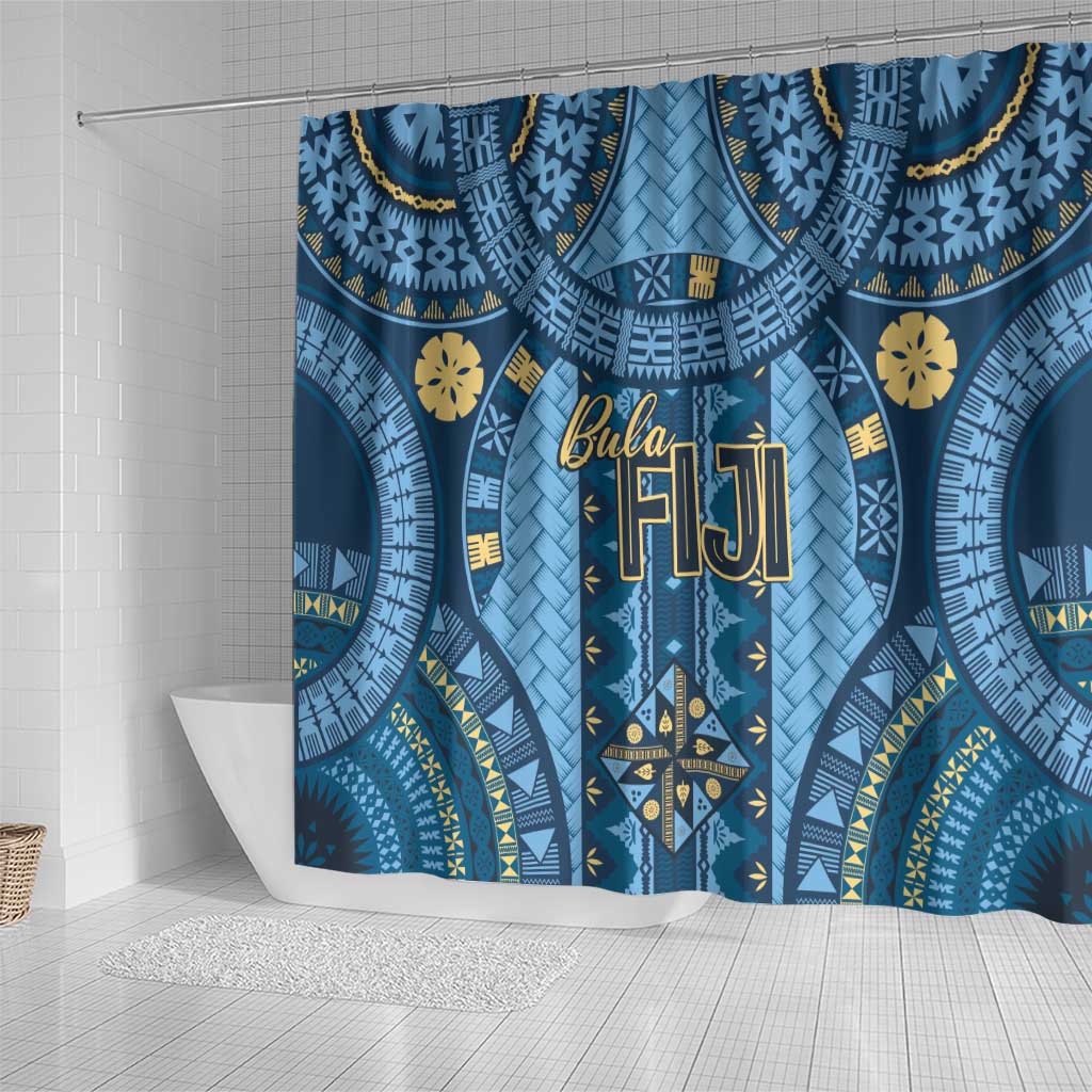 Bula Fiji Vintage Shower Curtain Prussian Blue Masi Motifs