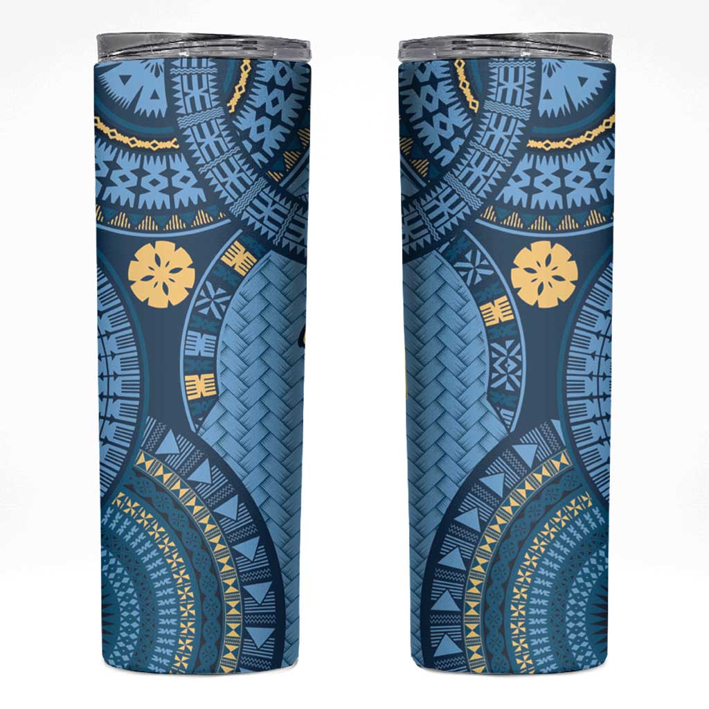 Bula Fiji Vintage Skinny Tumbler Prussian Blue Masi Motifs LT7 Prussian Blue - Polynesian Pride