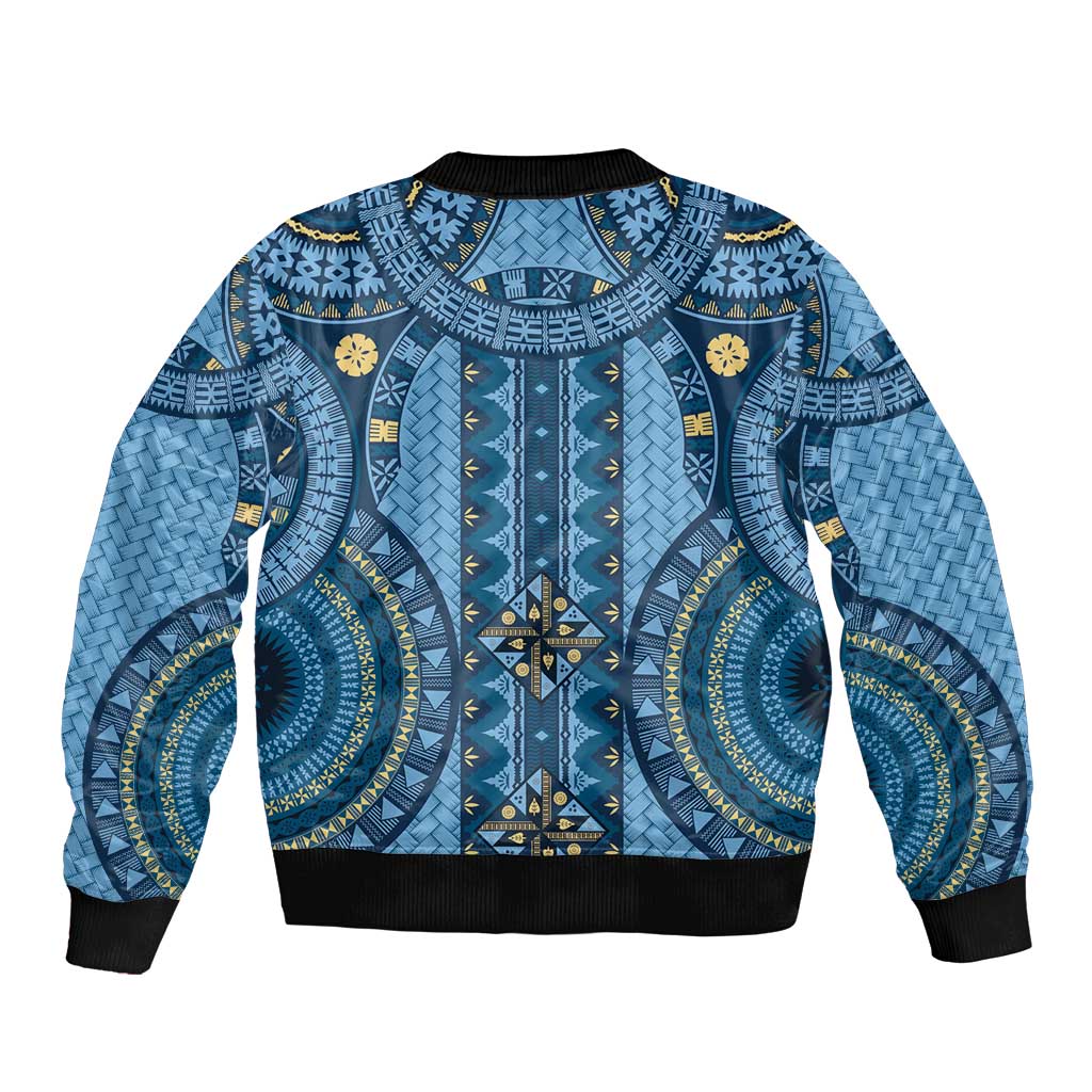 Bula Fiji Vintage Sleeve Zip Bomber Jacket Prussian Blue Masi Motifs LT7 - Polynesian Pride