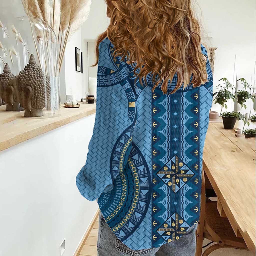 Bula Fiji Vintage Women Casual Shirt Prussian Blue Masi Motifs LT7 - Polynesian Pride