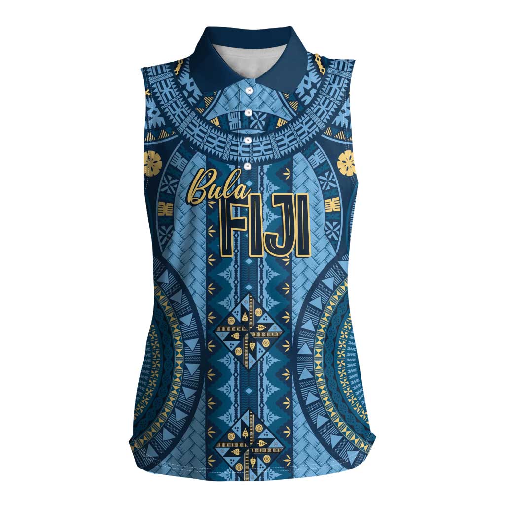 Bula Fiji Vintage Women Sleeveless Polo Shirt Prussian Blue Masi Motifs LT7 Female Prussian Blue - Polynesian Pride