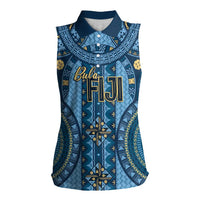 Bula Fiji Vintage Women Sleeveless Polo Shirt Prussian Blue Masi Motifs LT7 Female Prussian Blue - Polynesian Pride