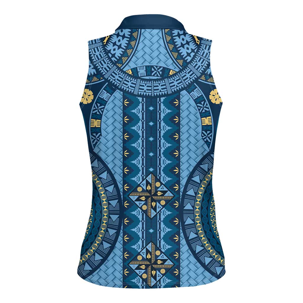 Bula Fiji Vintage Women Sleeveless Polo Shirt Prussian Blue Masi Motifs LT7 - Polynesian Pride