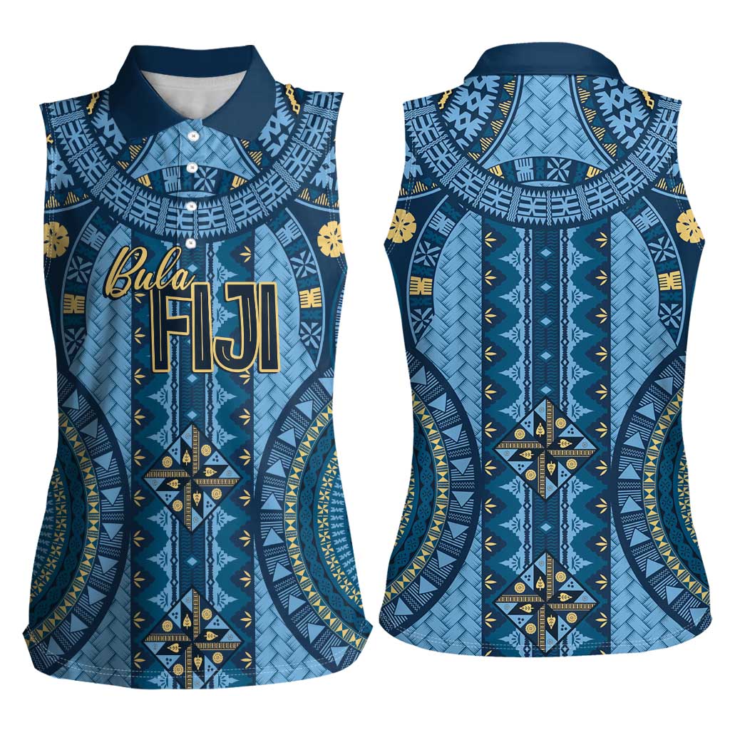 Bula Fiji Vintage Women Sleeveless Polo Shirt Prussian Blue Masi Motifs LT7 - Polynesian Pride