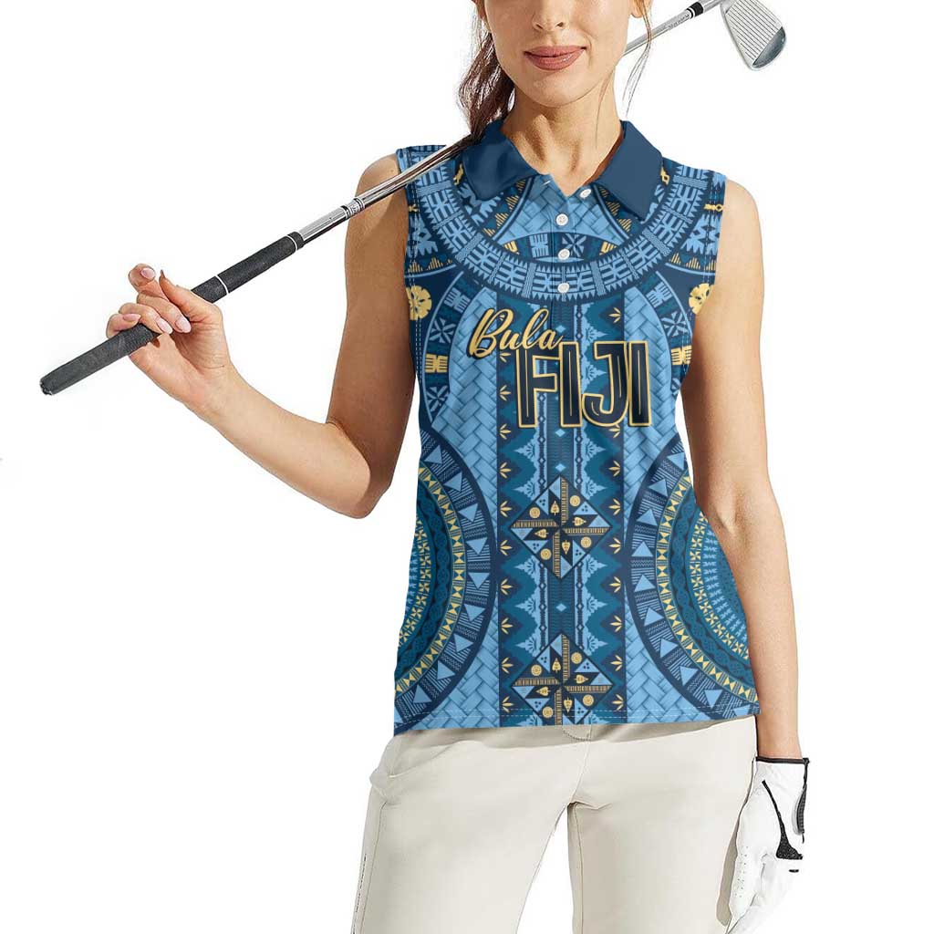 Bula Fiji Vintage Women Sleeveless Polo Shirt Prussian Blue Masi Motifs LT7 - Polynesian Pride
