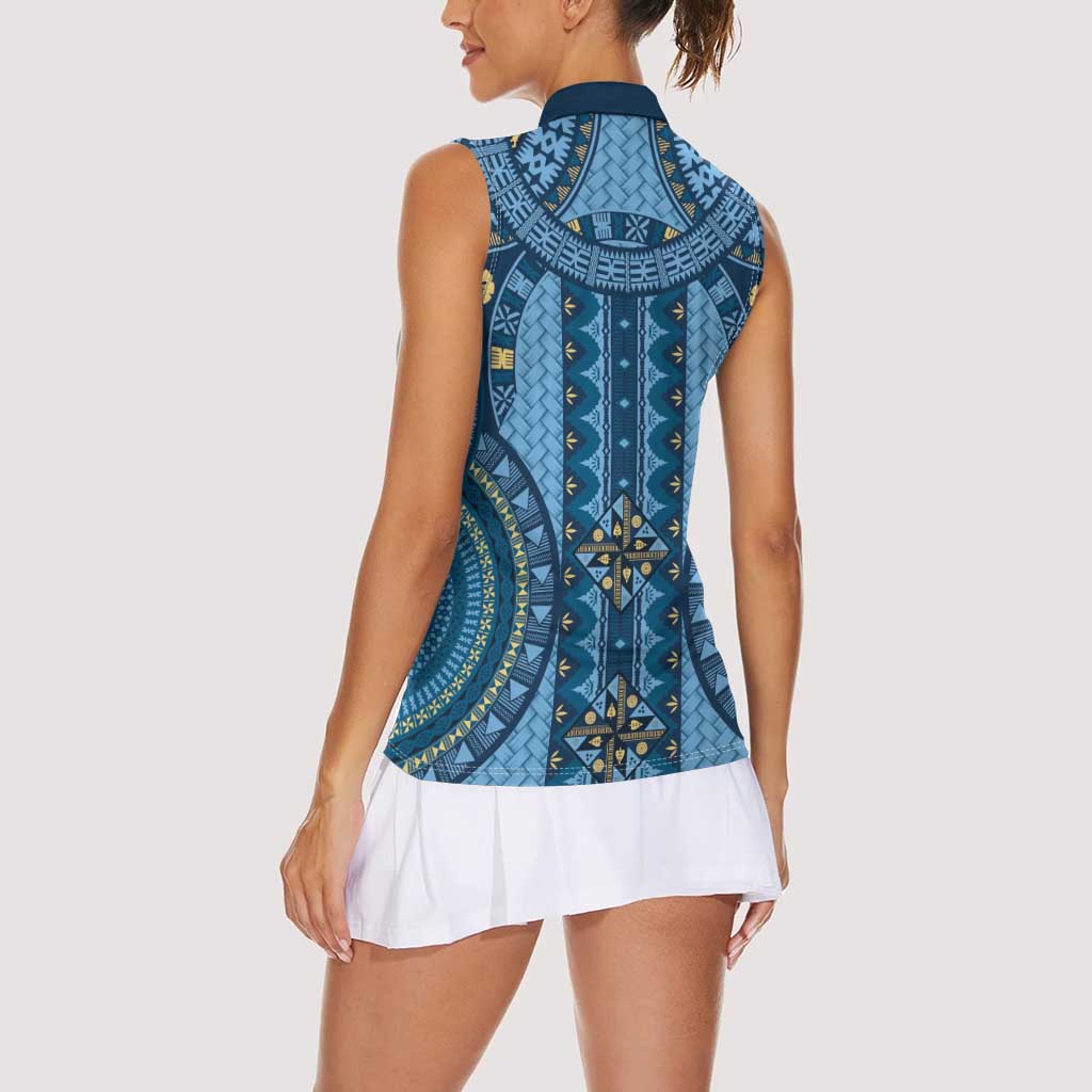 Bula Fiji Vintage Women Sleeveless Polo Shirt Prussian Blue Masi Motifs LT7 - Polynesian Pride