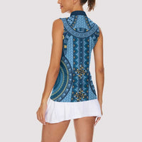 Bula Fiji Vintage Women Sleeveless Polo Shirt Prussian Blue Masi Motifs LT7 - Polynesian Pride
