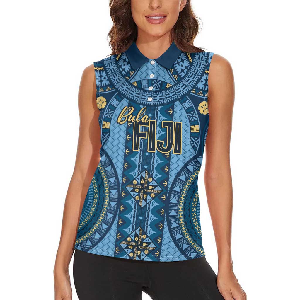 Bula Fiji Vintage Women Sleeveless Polo Shirt Prussian Blue Masi Motifs LT7 - Polynesian Pride