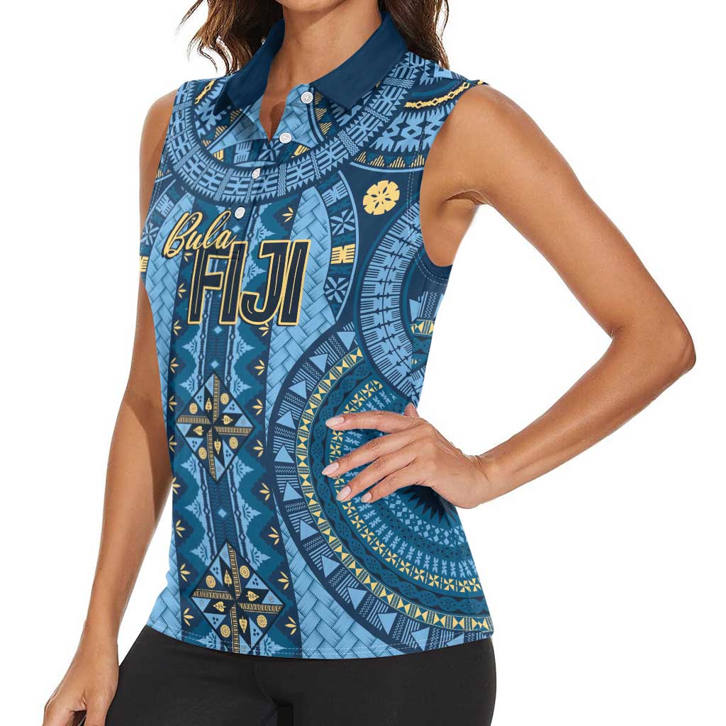 Bula Fiji Vintage Women Sleeveless Polo Shirt Prussian Blue Masi Motifs LT7 - Polynesian Pride