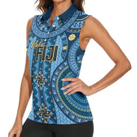 Bula Fiji Vintage Women Sleeveless Polo Shirt Prussian Blue Masi Motifs LT7 - Polynesian Pride