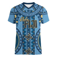 Bula Fiji Vintage Women V-Neck T-Shirt Prussian Blue Masi Motifs LT7 Female Prussian Blue - Polynesian Pride