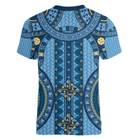 Bula Fiji Vintage Women V-Neck T-Shirt Prussian Blue Masi Motifs LT7 - Polynesian Pride