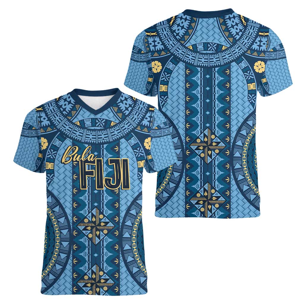 Bula Fiji Vintage Women V-Neck T-Shirt Prussian Blue Masi Motifs LT7 - Polynesian Pride