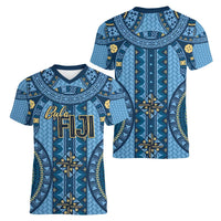 Bula Fiji Vintage Women V-Neck T-Shirt Prussian Blue Masi Motifs LT7 - Polynesian Pride