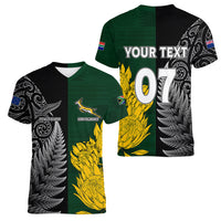 Personalised New Zealand Mix South Africa Rugby Women V Neck T Shirt Protea Vs. Silver Ferns LT7 - Polynesian Pride