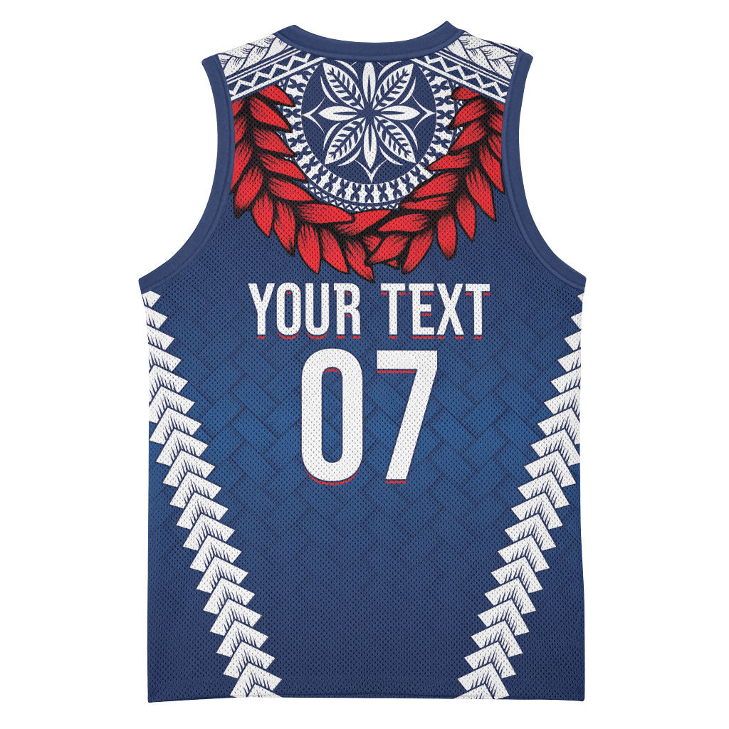 Manu Samoa Rugby Custom Navy Blue Basketball Jersey ʻIe Toga Pattern With Red Ula fala LT7 - Polynesian Pride