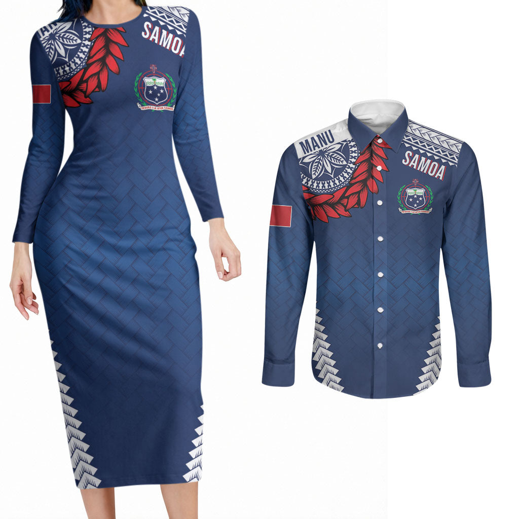 Manu Samoa Rugby Custom Navy Blue Couples Matching Long Sleeve Bodycon Dress and Long Sleeve Button Shirt ʻIe Toga Pattern With Red Ula fala LT7 Navy Blue - Polynesian Pride