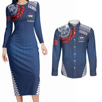 Manu Samoa Rugby Custom Navy Blue Couples Matching Long Sleeve Bodycon Dress and Long Sleeve Button Shirt ʻIe Toga Pattern With Red Ula fala LT7 Navy Blue - Polynesian Pride