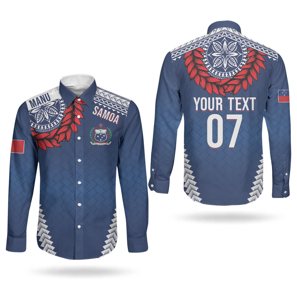 Manu Samoa Rugby Custom Navy Blue Couples Matching Long Sleeve Bodycon Dress and Long Sleeve Button Shirt ʻIe Toga Pattern With Red Ula fala LT7 - Polynesian Pride