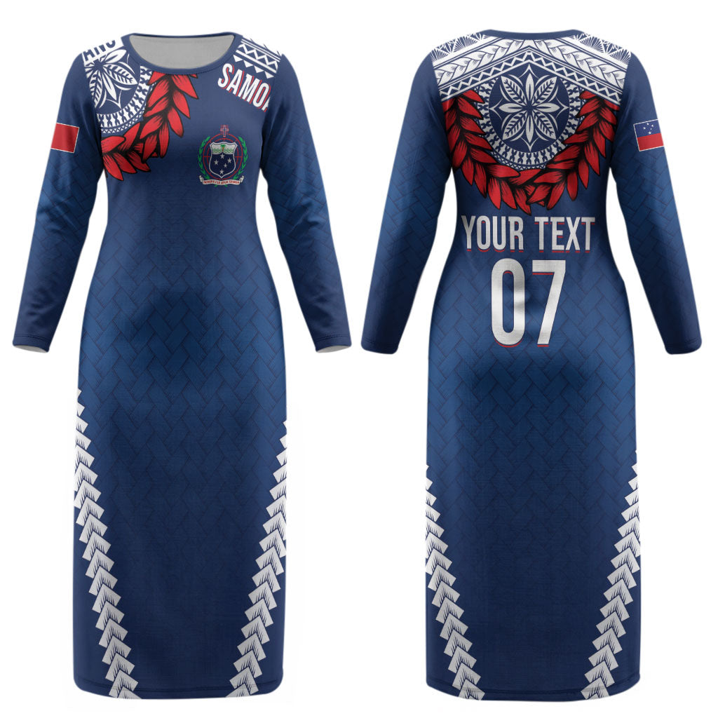 Manu Samoa Rugby Custom Navy Blue Couples Matching Long Sleeve Bodycon Dress and Long Sleeve Button Shirt ʻIe Toga Pattern With Red Ula fala LT7 - Polynesian Pride