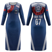 Manu Samoa Rugby Custom Navy Blue Couples Matching Long Sleeve Bodycon Dress and Long Sleeve Button Shirt ʻIe Toga Pattern With Red Ula fala LT7 - Polynesian Pride