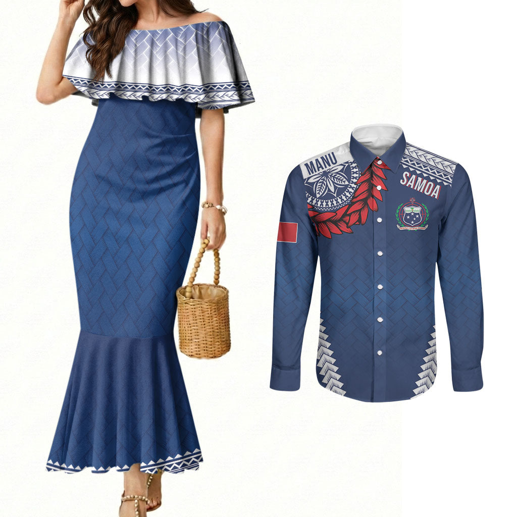 Manu Samoa Rugby Custom Navy Blue Couples Matching Mermaid Dress and Long Sleeve Button Shirt ʻIe Toga Pattern With Red Ula fala