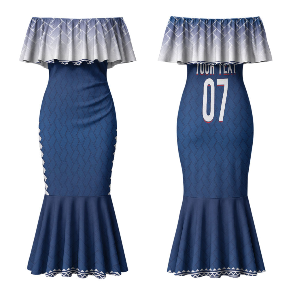 Manu Samoa Rugby Custom Navy Blue Couples Matching Mermaid Dress and Long Sleeve Button Shirt ʻIe Toga Pattern With Red Ula fala LT7 - Polynesian Pride