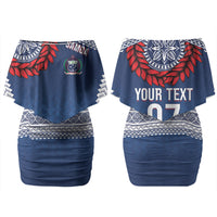 Manu Samoa Rugby Custom Navy Blue Couples Matching Off Shoulder Short Dress and Hawaiian Shirt ʻIe Toga Pattern With Red Ula fala LT7 - Polynesian Pride