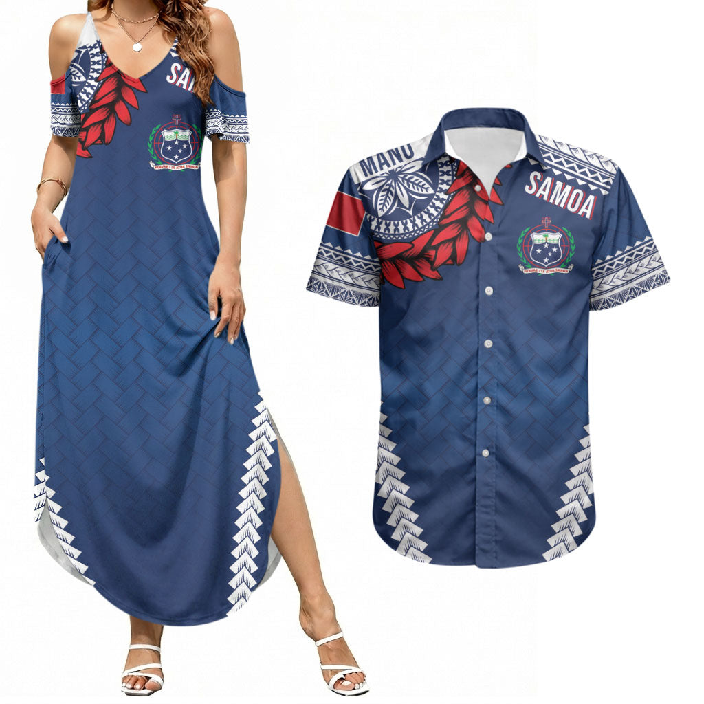 Manu Samoa Rugby Custom Navy Blue Couples Matching Summer Maxi Dress and Hawaiian Shirt ʻIe Toga Pattern With Red Ula fala