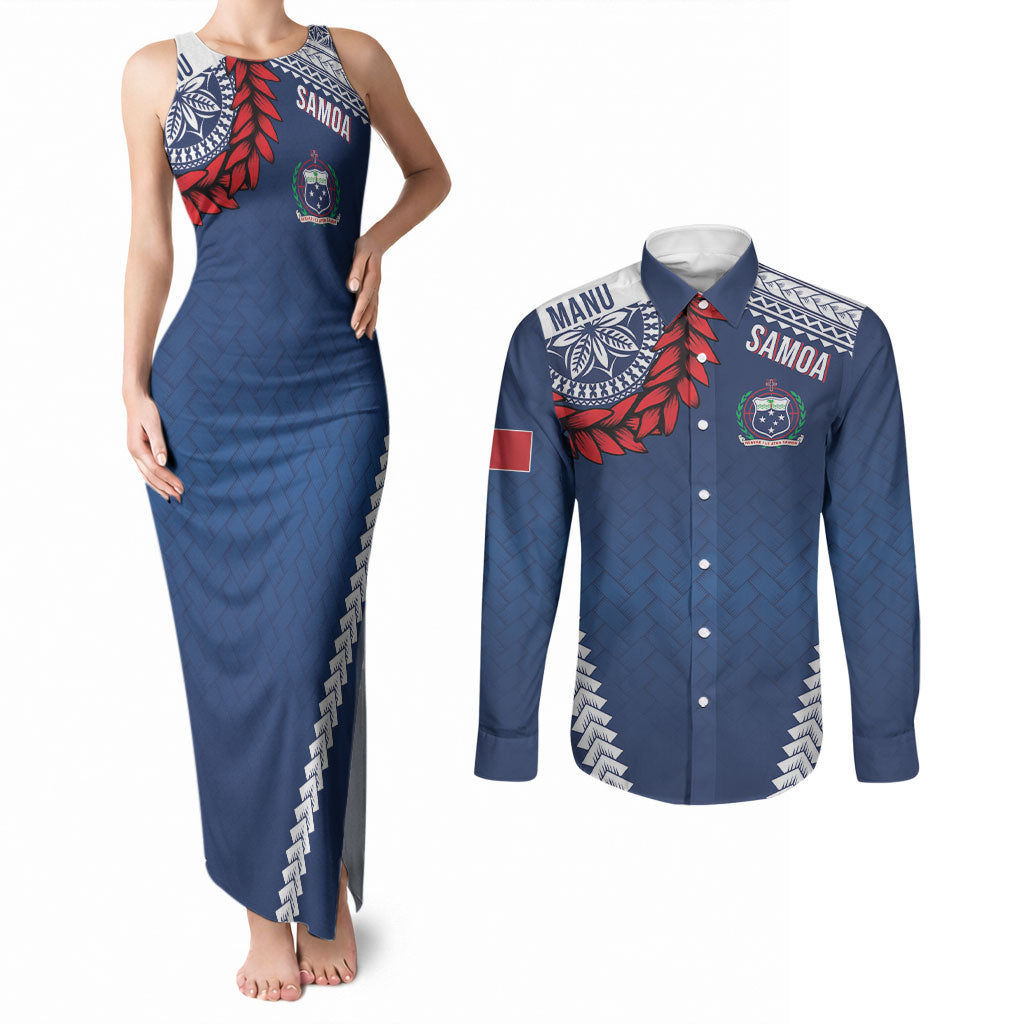 Manu Samoa Rugby Custom Navy Blue Couples Matching Tank Maxi Dress and Long Sleeve Button Shirt ʻIe Toga Pattern With Red Ula fala