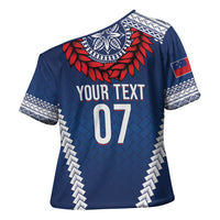 Manu Samoa Rugby Custom Navy Blue Cross Shoulder Shirt ʻIe Toga Pattern With Red Ula fala LT7 - Polynesian Pride