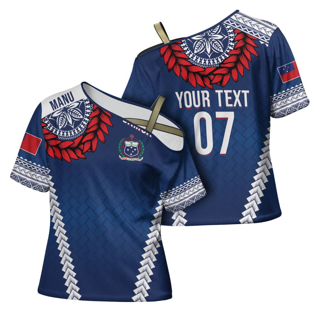 Manu Samoa Rugby Custom Navy Blue Cross Shoulder Shirt ʻIe Toga Pattern With Red Ula fala LT7 - Polynesian Pride