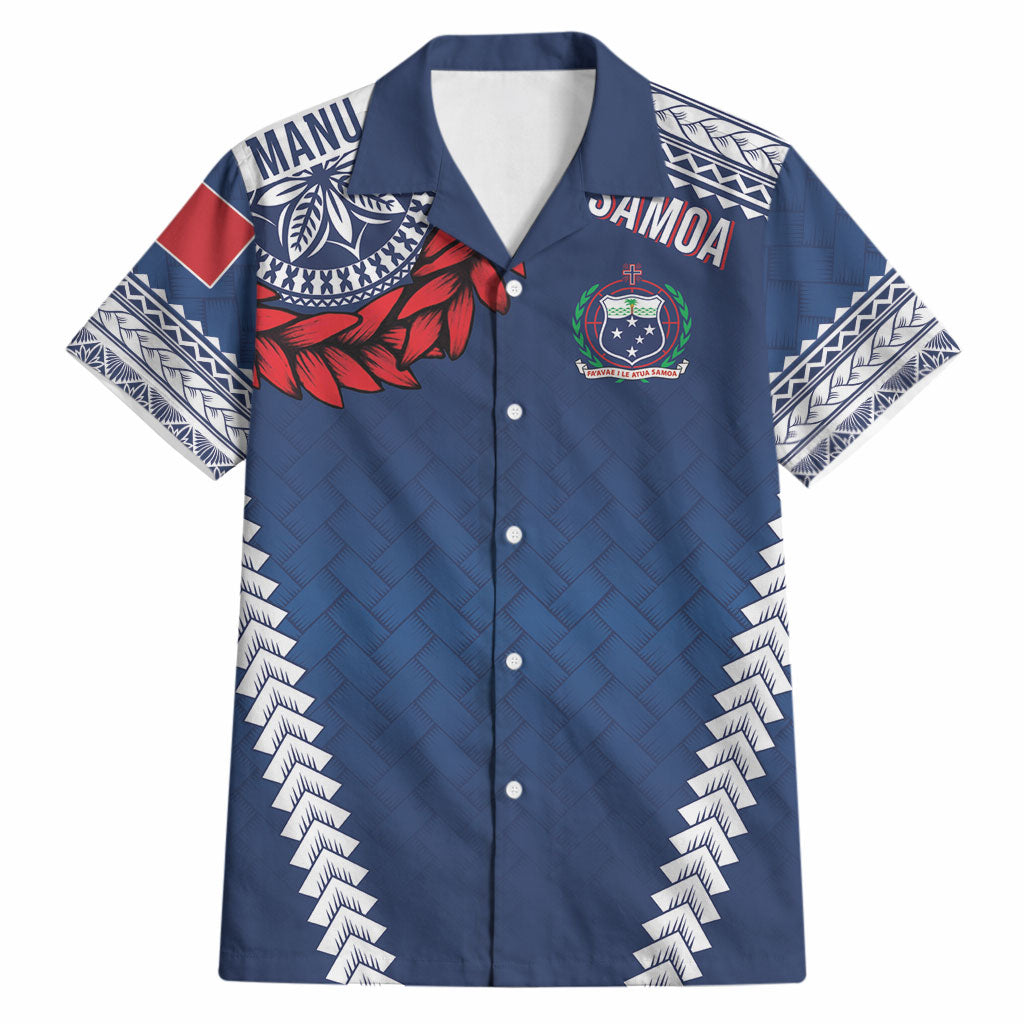 Manu Samoa Rugby Custom Navy Blue Hawaiian Shirt ʻIe Toga Pattern With Red Ula fala