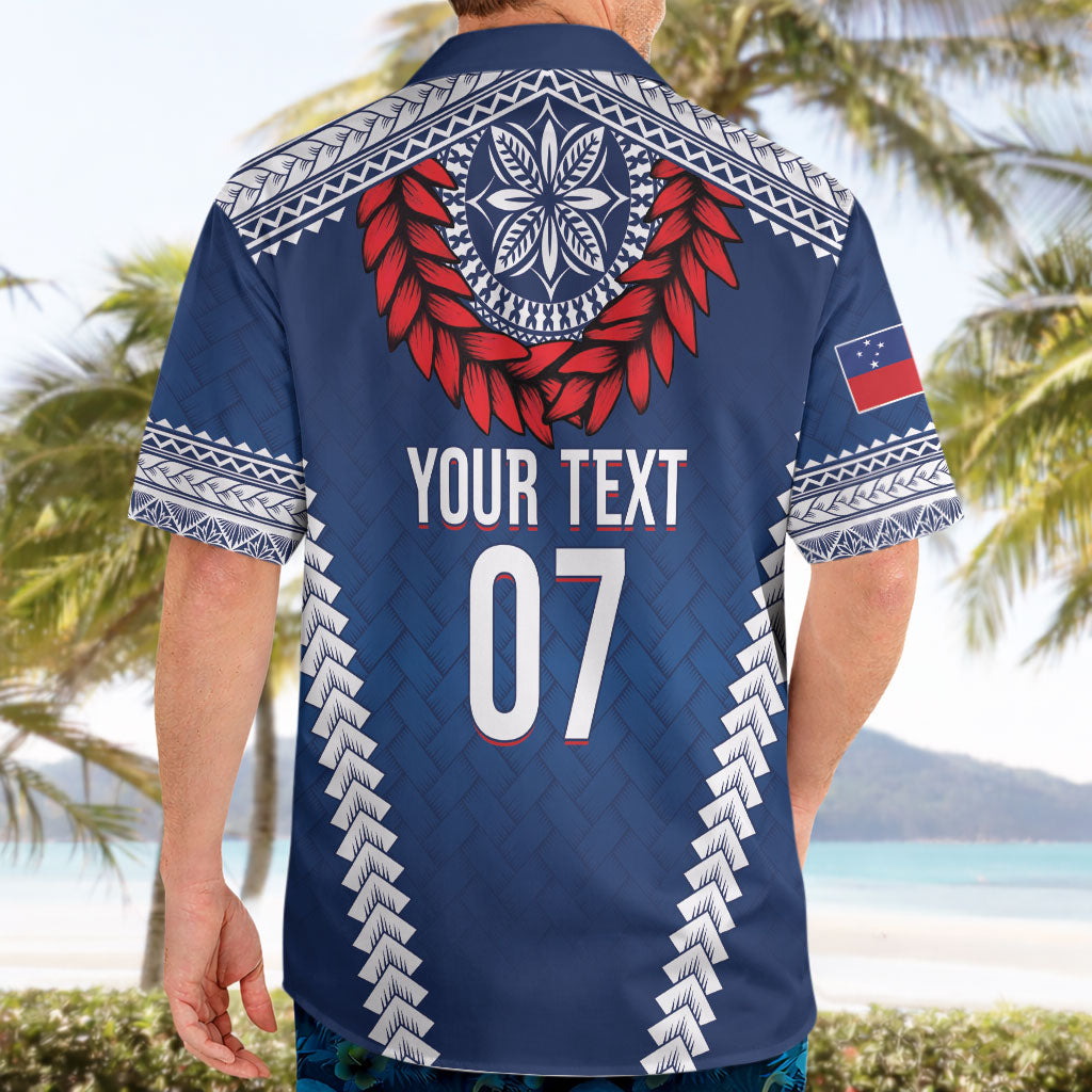 Manu Samoa Rugby Custom Navy Blue Hawaiian Shirt ʻIe Toga Pattern With Red Ula fala LT7 - Polynesian Pride