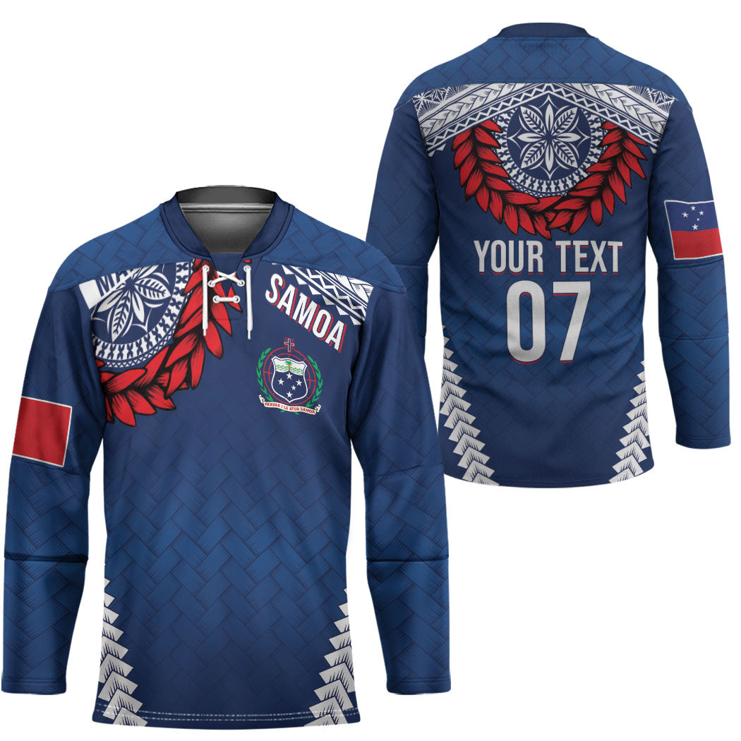 Manu Samoa Rugby Custom Navy Blue Hockey Jersey ʻIe Toga Pattern With Red Ula fala LT7 - Polynesian Pride