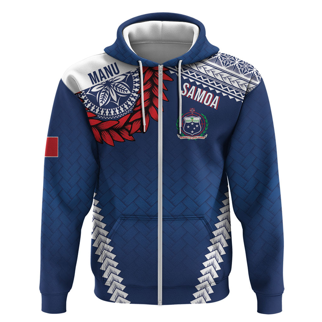 Manu Samoa Rugby Custom Navy Blue Hoodie ʻIe Toga Pattern With Red Ula fala LT7 Zip Hoodie Navy Blue - Polynesian Pride