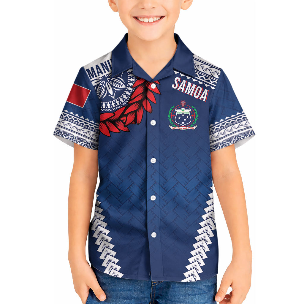 Manu Samoa Rugby Custom Navy Blue Kid Hawaiian Shirt ʻIe Toga Pattern With Red Ula fala