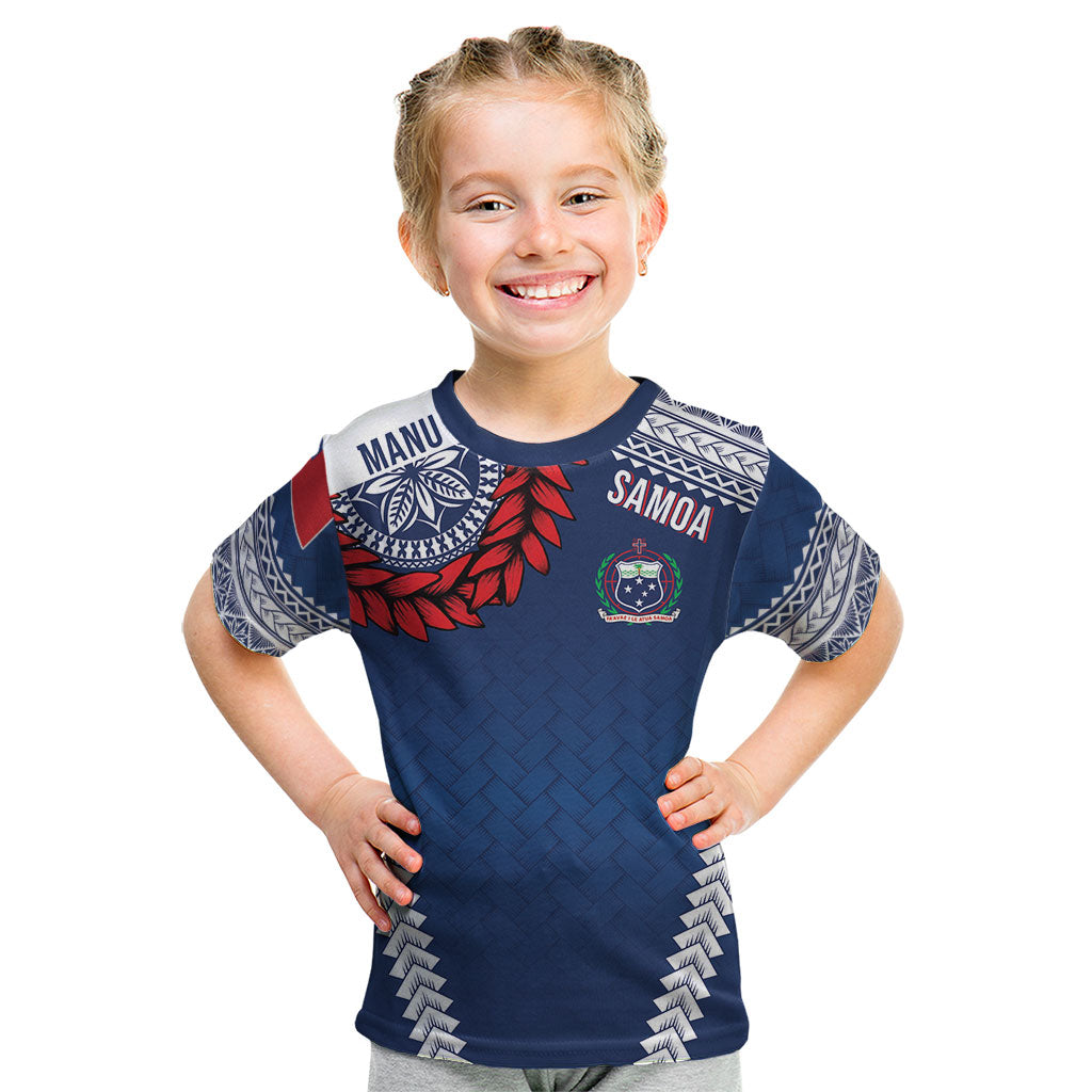 Manu Samoa Rugby Custom Navy Blue Kid T Shirt ʻIe Toga Pattern With Red Ula fala