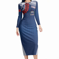 Manu Samoa Rugby Custom Navy Blue Long Sleeve Bodycon Dress ʻIe Toga Pattern With Red Ula fala LT7 Long Dress Navy Blue - Polynesian Pride