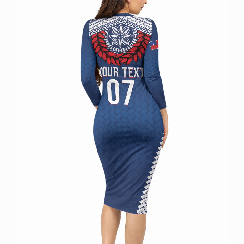 Manu Samoa Rugby Custom Navy Blue Long Sleeve Bodycon Dress ʻIe Toga Pattern With Red Ula fala LT7 - Polynesian Pride