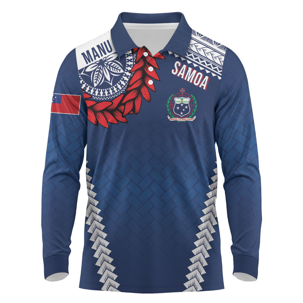 Manu Samoa Rugby Custom Navy Blue Long Sleeve Polo Shirt ʻIe Toga Pattern With Red Ula fala LT7 Navy Blue - Polynesian Pride