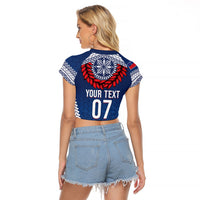 Manu Samoa Rugby Custom Navy Blue Raglan Cropped T Shirt ʻIe Toga Pattern With Red Ula fala LT7 - Polynesian Pride