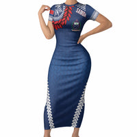 Manu Samoa Rugby Custom Navy Blue Short Sleeve Bodycon Dress ʻIe Toga Pattern With Red Ula fala LT7 Long Dress Navy Blue - Polynesian Pride