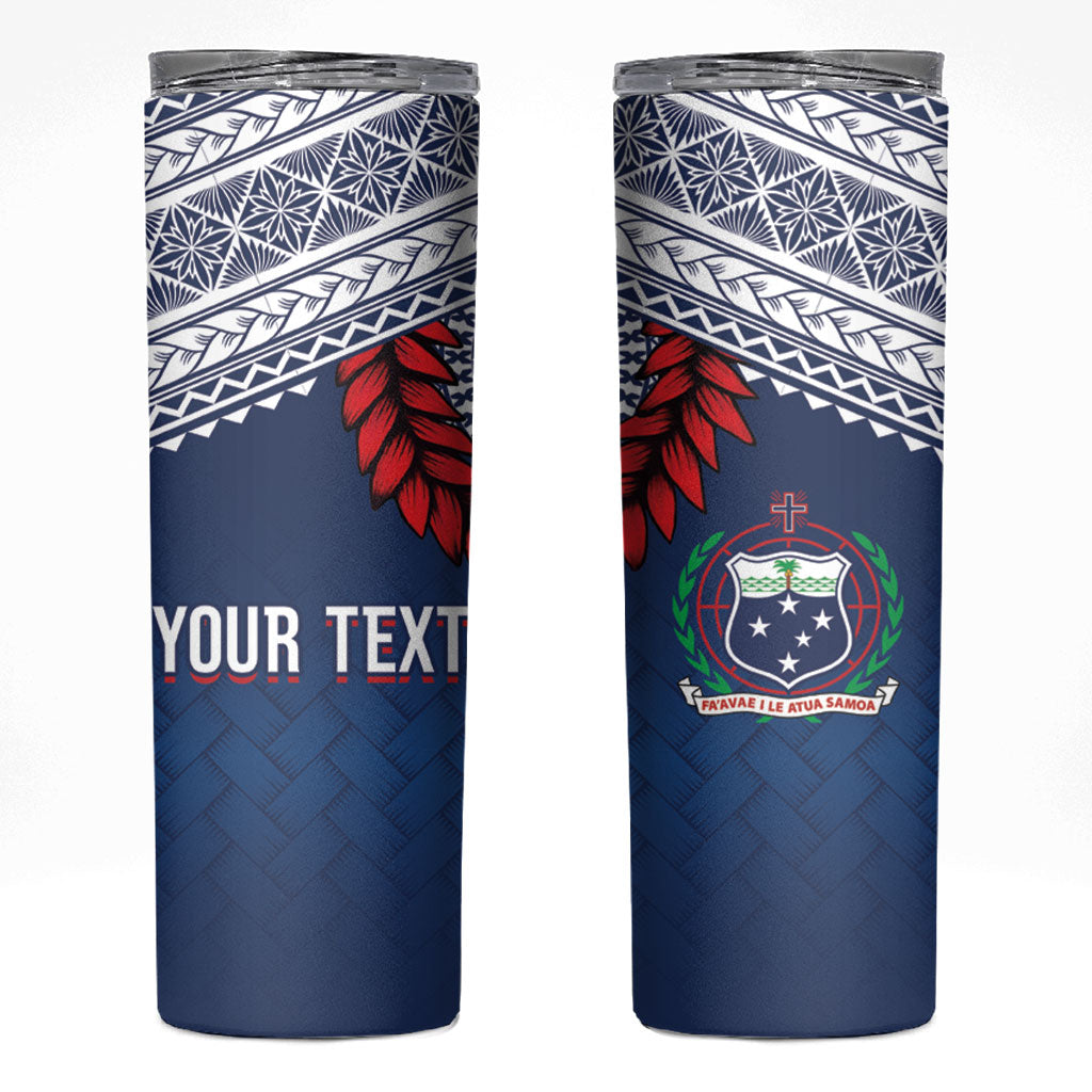 Manu Samoa Rugby Custom Navy Blue Skinny Tumbler ʻIe Toga Pattern With Red Ula fala LT7 Navy Blue - Polynesian Pride