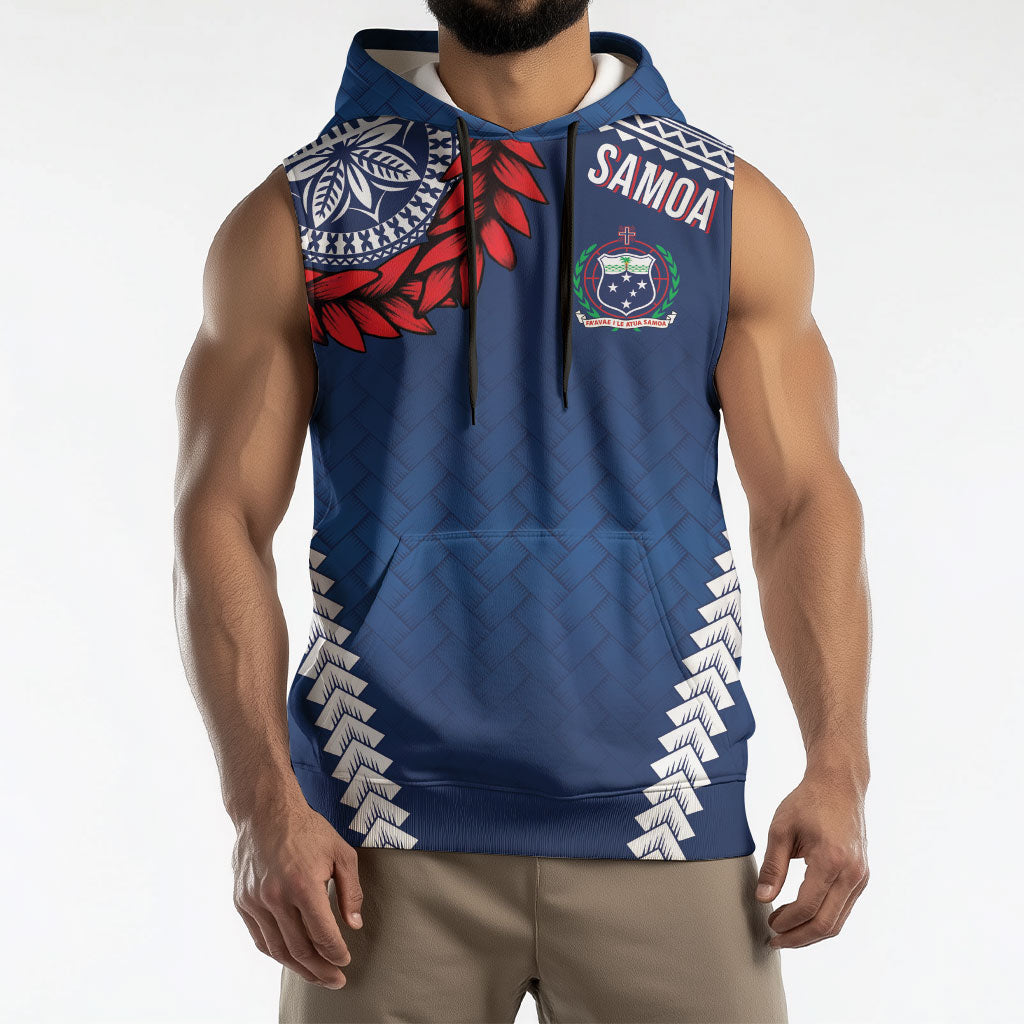 Manu Samoa Rugby Custom Navy Blue Sleeveless Hoodie ʻIe Toga Pattern With Red Ula fala LT7 - Polynesian Pride
