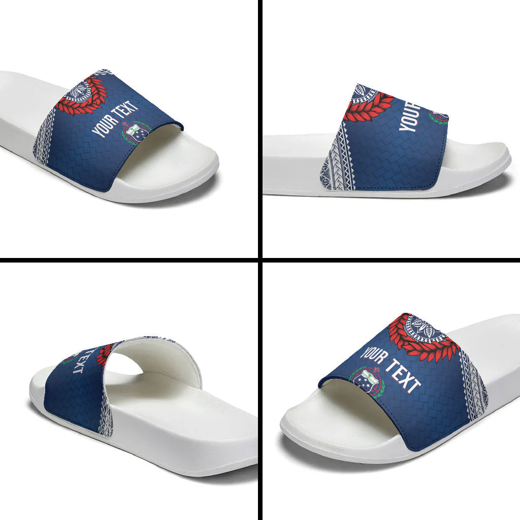Manu Samoa Rugby Custom Navy Blue Slide Sandals ʻIe Toga Pattern With Red Ula fala LT7 - Polynesian Pride